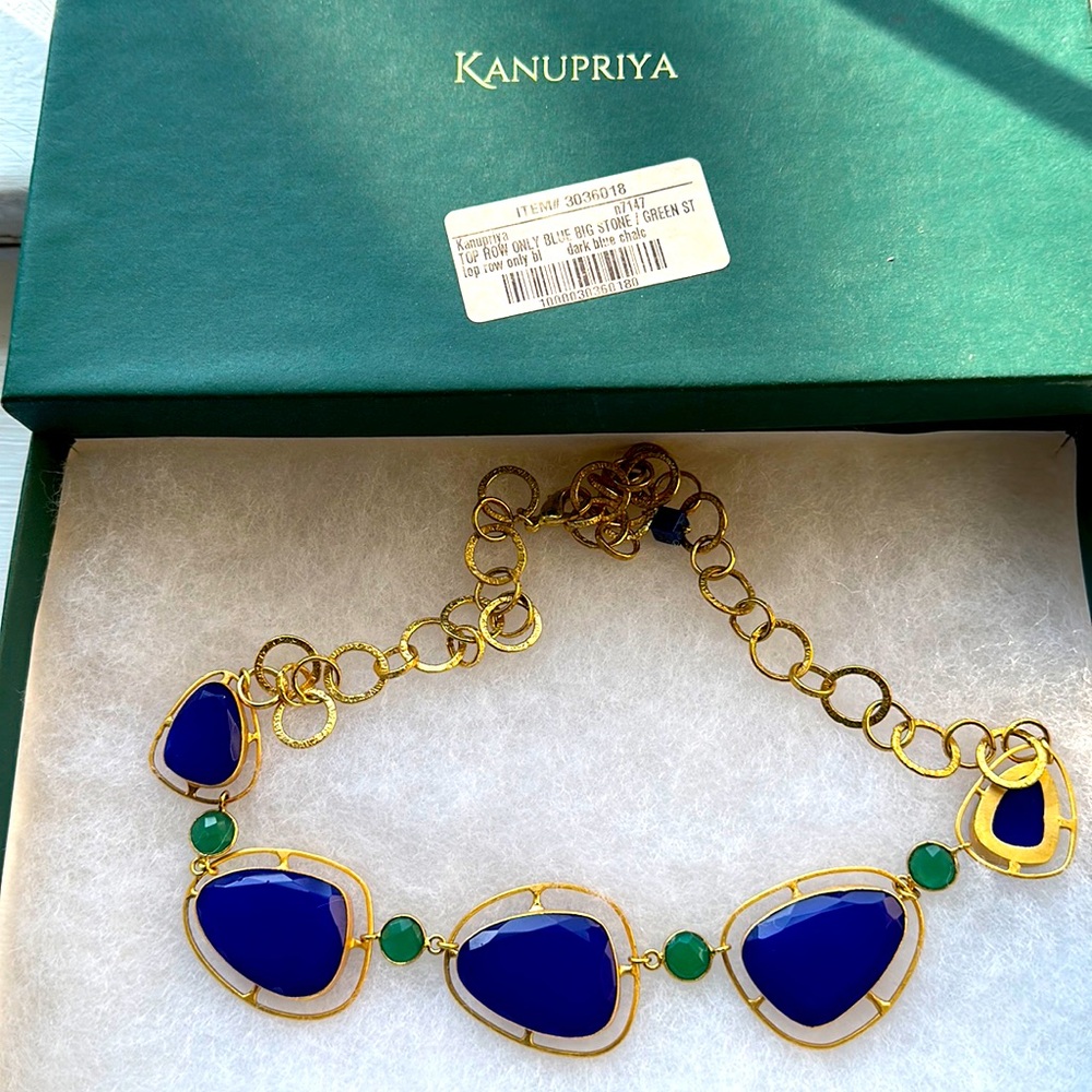 Kanupriya blue chalcedony/green onyx gold plated collar necklace